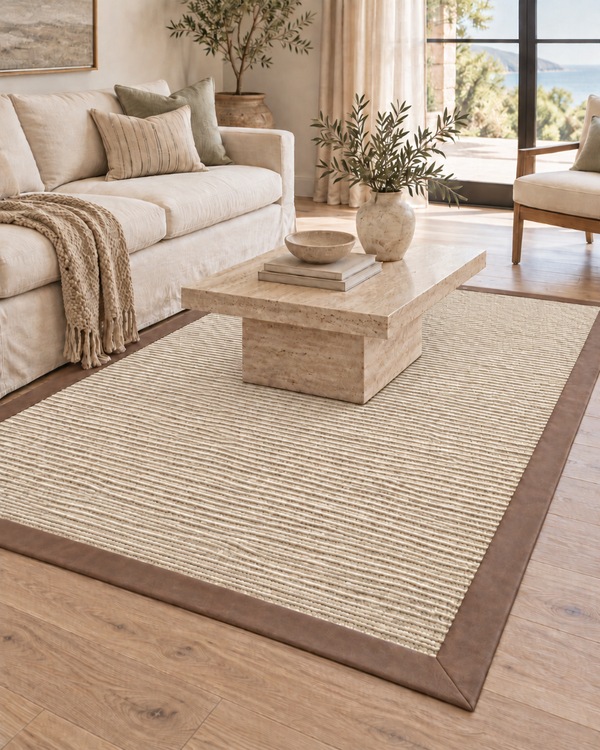 Bone Sisal Rug with Coco Faux Leather Border