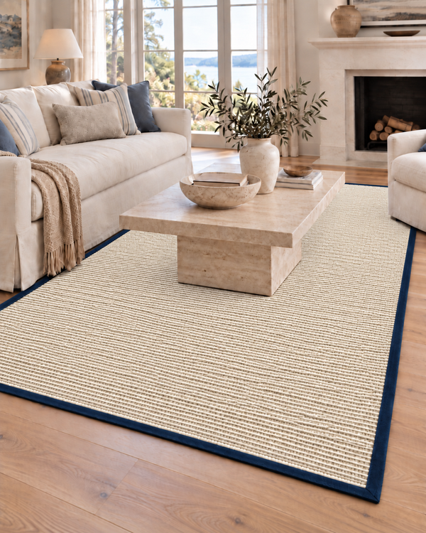 Bone Sisal Rug with Navy Blue Cotton Border