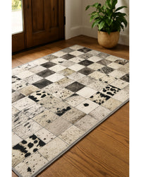 Black, Gray & Ivory Cowhide Print Area Rug – Washable, UV Protection in Lodge Entryway — area rug 5
