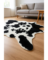 Cowhide Print Washable Rug – Black & White, Stain Resistant Low Angle View — cowhide area rug 17