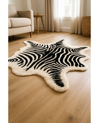 Zebra Print Faux Cowhide Rug – Black & White Style in Low Angle View — cowhide area rug 14