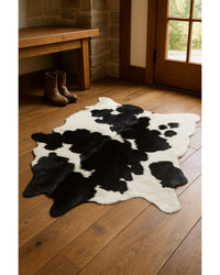 Black Cowhide Area Rug – Handwoven, Stain Resistant in Lodge Entryway — cowhide area rug 17