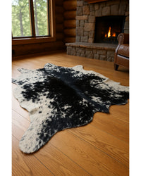 Black Cowhide Animal Print Rug – Stain Resistant, Handmade in Cabin Living Room — cowhide area rug 9