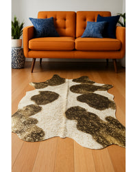 Ivory, Brown & Gold Cowhide Area Rug – Hand Knotted in Low Angle View — cowhide area rug 8