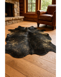 Black Cowhide Print Area Rug – Gold Accents, 5x7 in Cabin Living Room — cowhide area rug 181