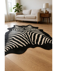 Cowhide Zebra Print Area Rug – Black & Off White, Handmade in Low Angle View — cowhide area rug 11
