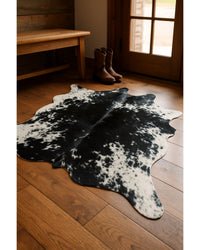Black Cowhide Animal Print Rug – Stain Resistant, Handmade in Lodge Entryway — cowhide area rug 10
