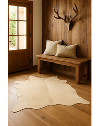 Off White Cowhide Print Area Rug – Handmade in Lodge Entryway — cowhide area rug 5