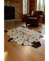 Black Cowhide Print Handwoven Rug – Modern Accent in Cabin Living Room — cowhide area rug 7