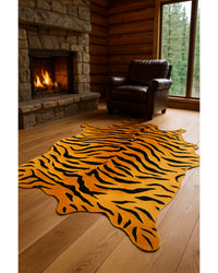 Tiger Chocolate Cowhide Area Rug in Cabin Living Room — cowhide area rug 4