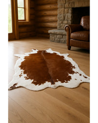 Cowhide Print Hand Knotted Rug – Brown & White Accent in Cabin Living Room — cowhide area rug 15