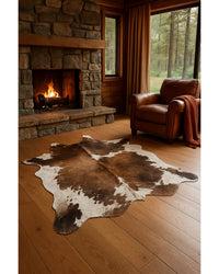 Taupe & White Cowhide Area Rug in Cabin Living Room — cowhide area rug 4