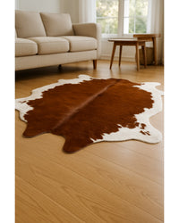 Cowhide Print Hand Knotted Rug – Brown & White Accent Low Angle View — cowhide area rug 19