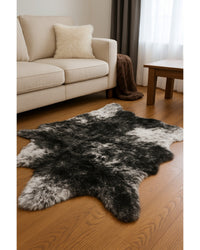 Black & White Faux Fur Cowhide Washable Area Rug in Living Room — faux fur cowhide rug 11