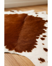 Cowhide Print Hand Knotted Rug – Brown & White Accent Hide Detail Close-Up — cowhide area rug 18