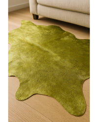 Green Cowhide Hand Knotted Rug – Stain Resistant Style in Hide Detail Close-Up — cowhide area rug 19
