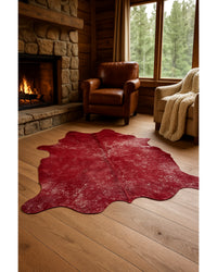 Red & Silver Cowhide Area Rug – Hand Knotted in Cabin Living Room — cowhide area rug 4