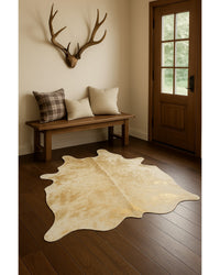 Gold Cowhide Area Rug – Handmade in Lodge Entryway — cowhide area rug 5
