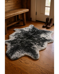 Black & White Faux Fur Cowhide Washable Area Rug in Lodge Entryway — faux fur cowhide rug 10