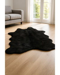 Black Faux Cowhide Washable Rug – Stain Resistant Style Low Angle View — faux cowhide area rug 14