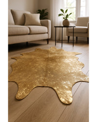 Gold Cowhide Hand Knotted Rug – Stain Resistant Area in Low Angle View — cowhide area rug 17