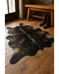Black Cowhide Print Area Rug – Gold Accents, 5x7 in Lodge Entryway — cowhide area rug 182
