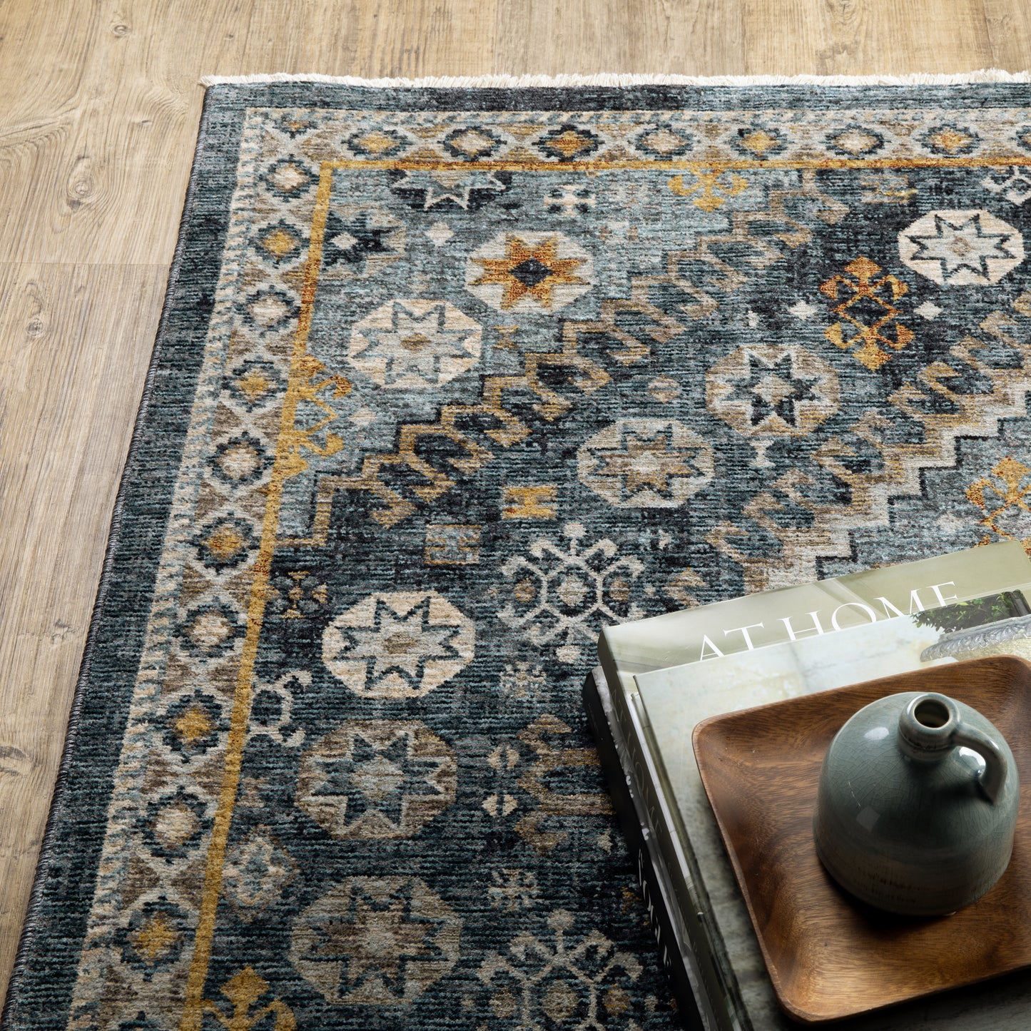 Aberdeen Blue Gold Traditional Tribal Indoor Rug