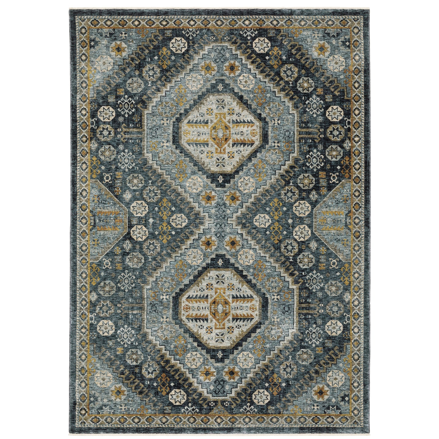 Aberdeen Blue Gold Traditional Tribal Indoor Rug