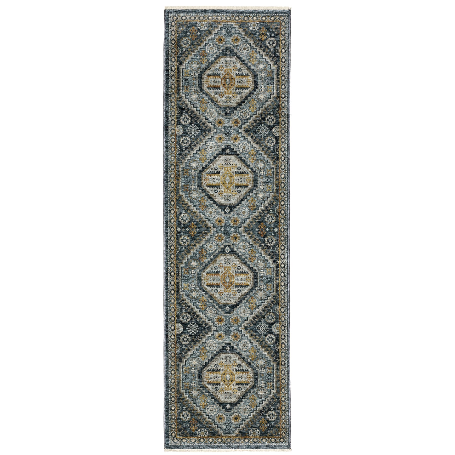 Aberdeen Blue Gold Traditional Tribal Indoor Rug