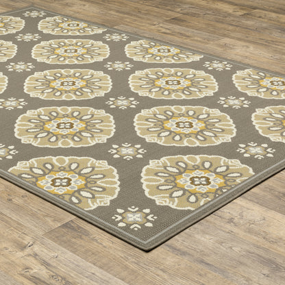 Bali Grey Gold Transitional Floral Indoor/Outdoor Rug