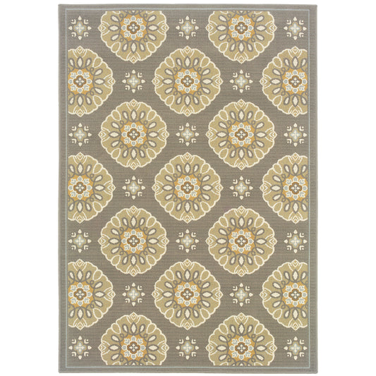 Bali Grey Gold Transitional Floral Indoor/Outdoor Rug