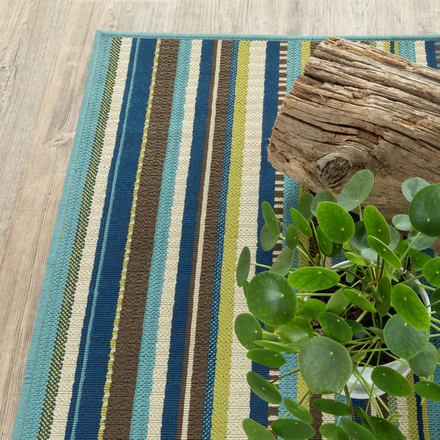 Caspian Blue Brown Transitional Striped Indoor/Outdoor Rug