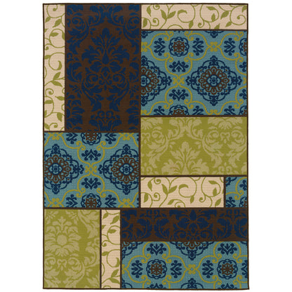 Caspian Brown Blue Transitional Patchwork Indoor/Outdoor Rug