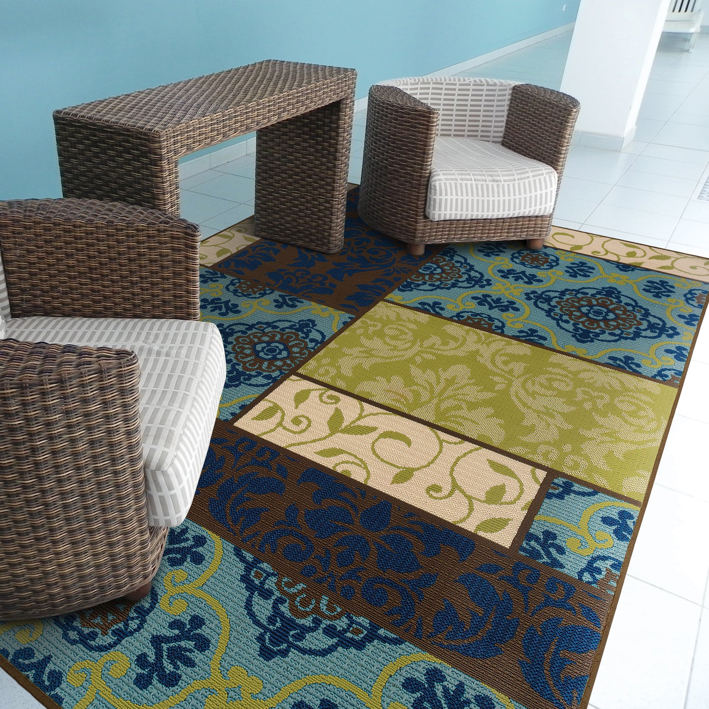 Caspian Brown Blue Transitional Patchwork Indoor/Outdoor Rug