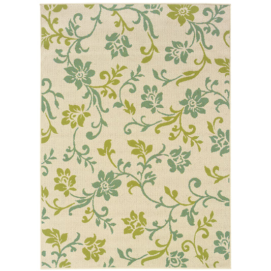 Caspian Ivory Green Transitional Floral Indoor/Outdoor Rug