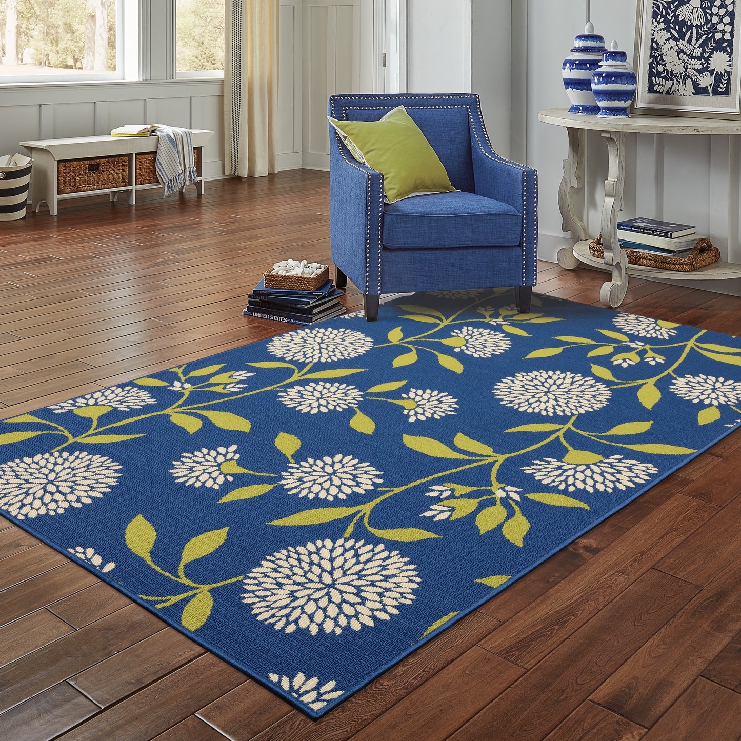 Caspian Blue Green Transitional Floral Indoor/Outdoor Rug