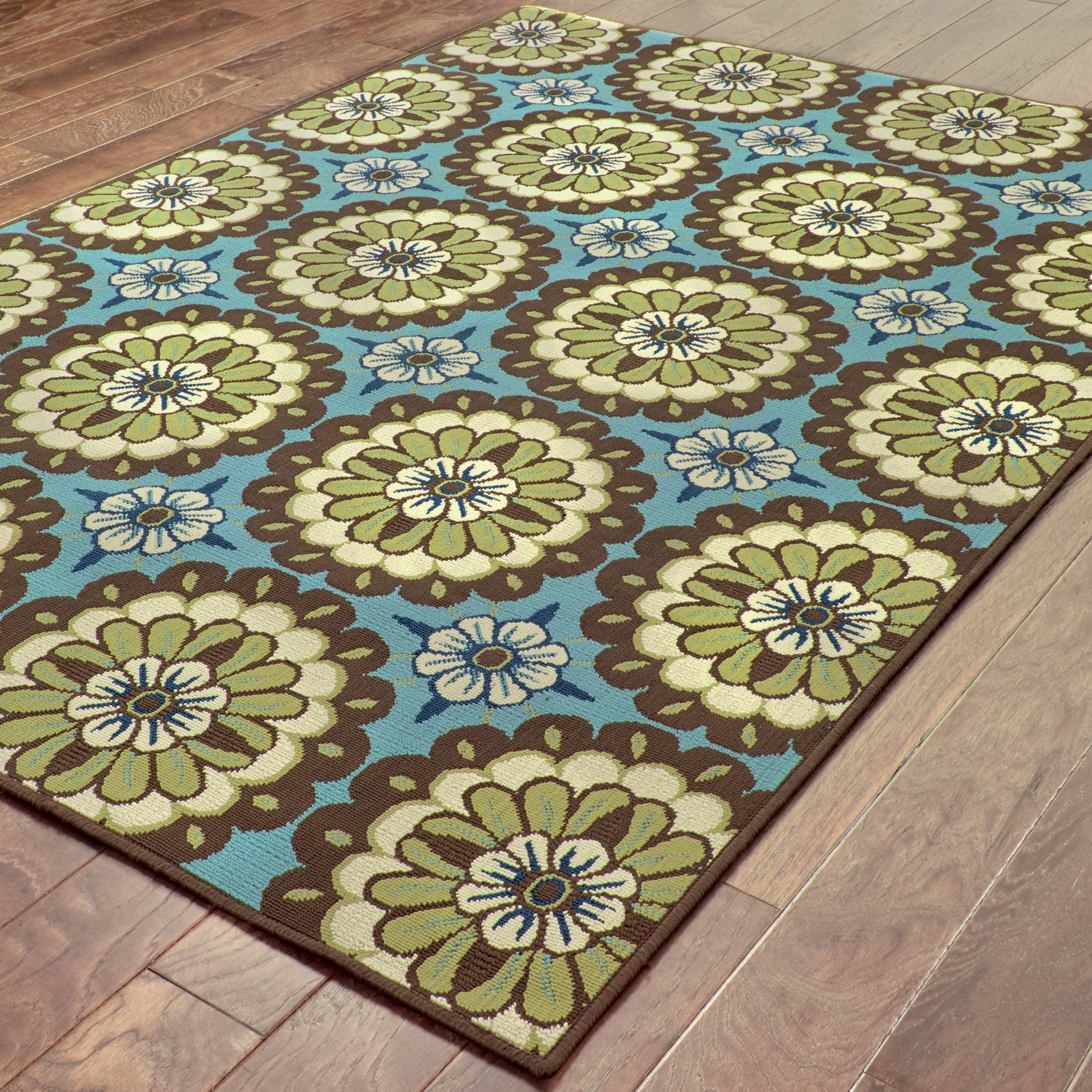 Caspian Blue Brown Transitional Floral Indoor/Outdoor Rug