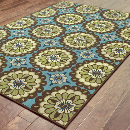 Caspian Blue Brown Transitional Floral Indoor/Outdoor Rug