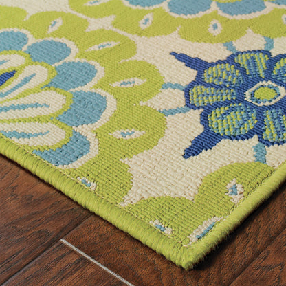 Caspian Green Ivory Transitional Floral Indoor/Outdoor Rug