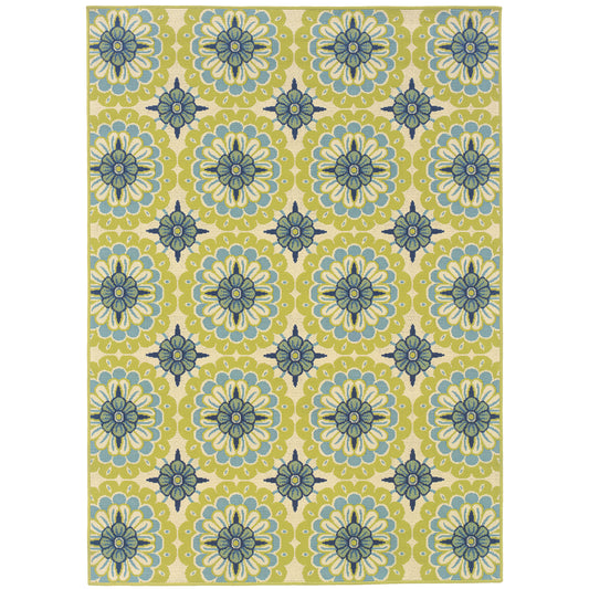 Caspian Green Ivory Transitional Floral Indoor/Outdoor Rug