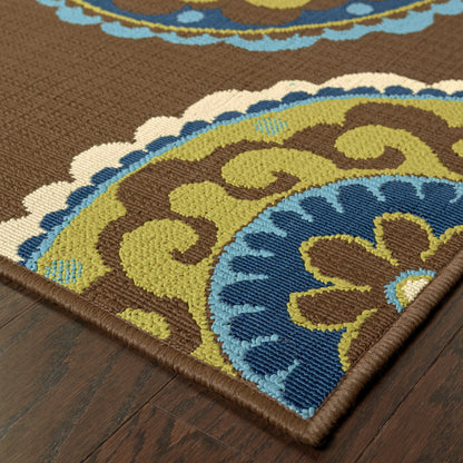 Caspian Brown Green Bohemian Medallion Indoor/Outdoor Rug