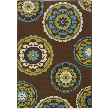 Caspian Brown Green Bohemian Medallion Indoor/Outdoor Rug