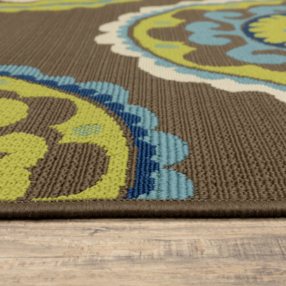 Caspian Brown Green Bohemian Medallion Indoor/Outdoor Rug