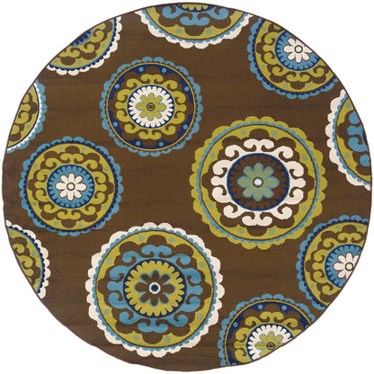 Caspian Brown Green Bohemian Medallion Indoor/Outdoor Rug