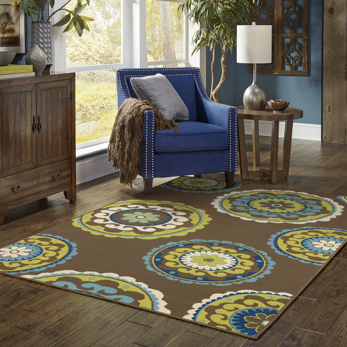 Caspian Brown Green Bohemian Medallion Indoor/Outdoor Rug