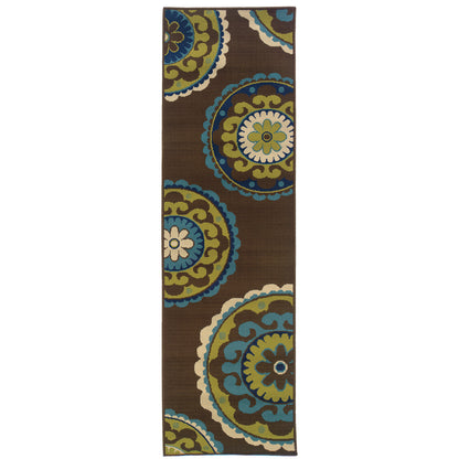 Caspian Brown Green Bohemian Medallion Indoor/Outdoor Rug