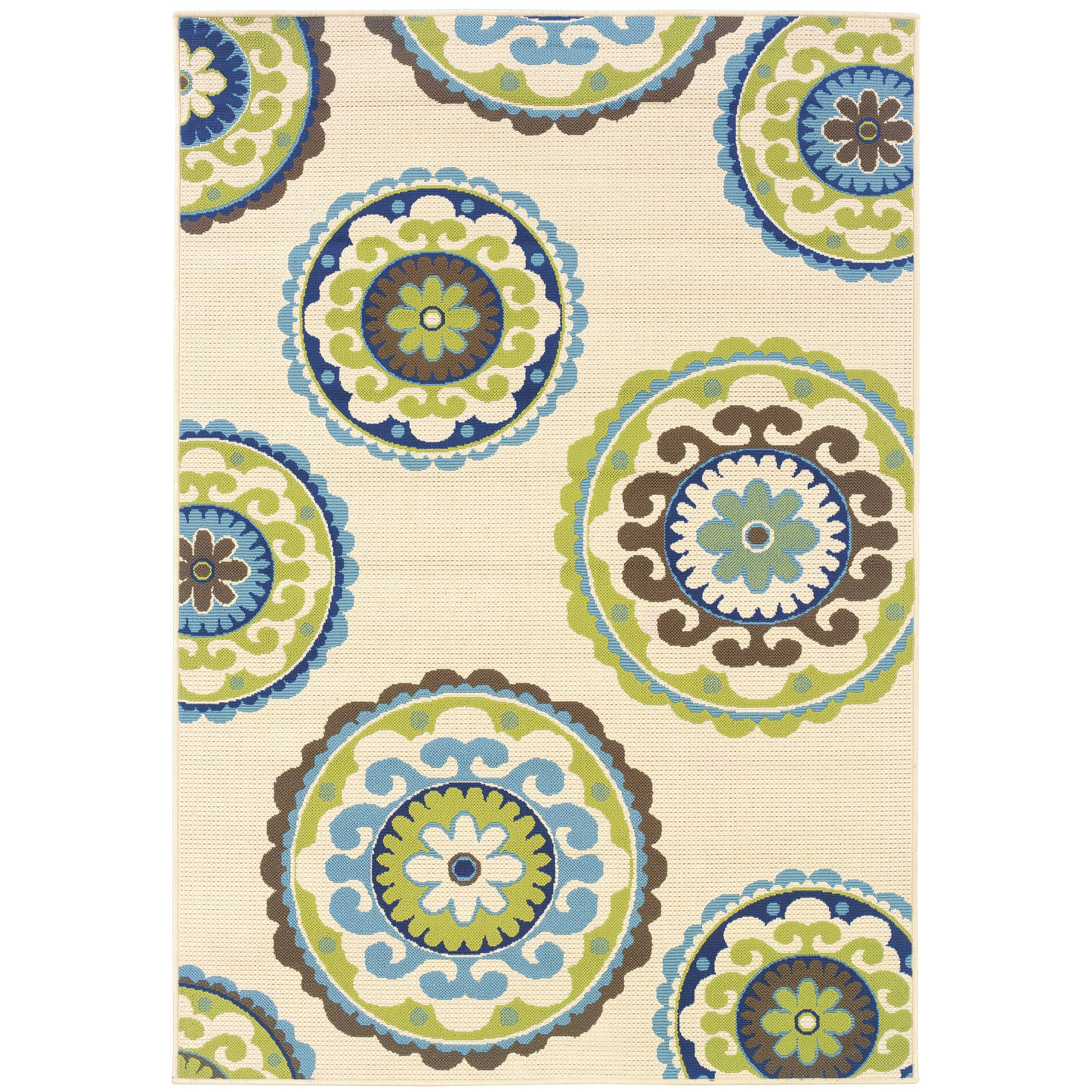 Caspian Ivory Green Bohemian Medallion Indoor/Outdoor Rug