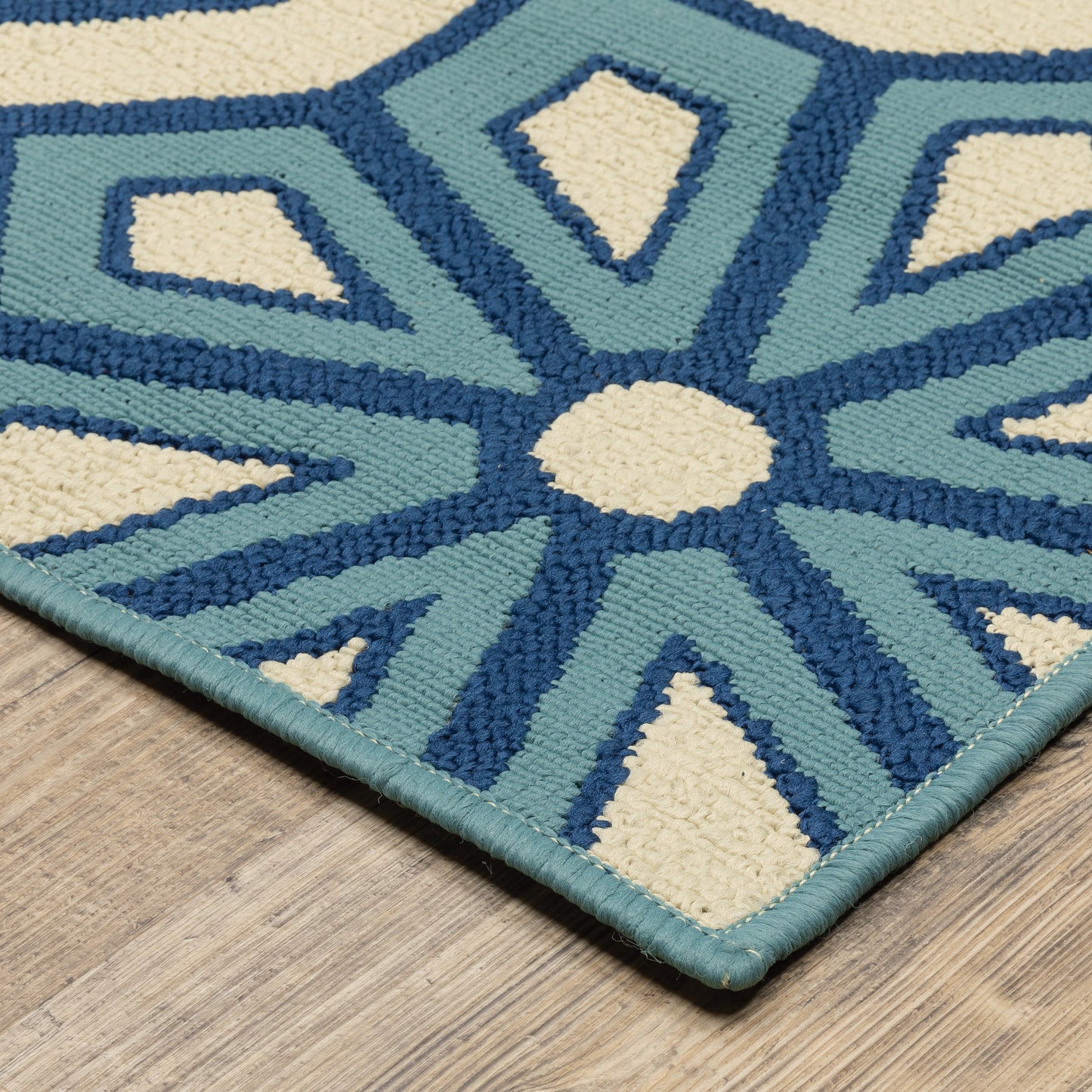 Caspian Ivory Blue Global Geometric Indoor/Outdoor Rug