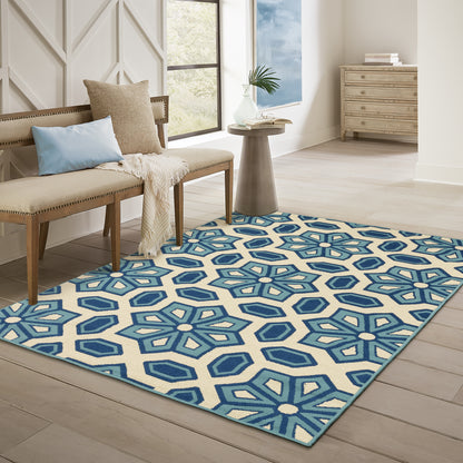 Caspian Ivory Blue Global Geometric Indoor/Outdoor Rug