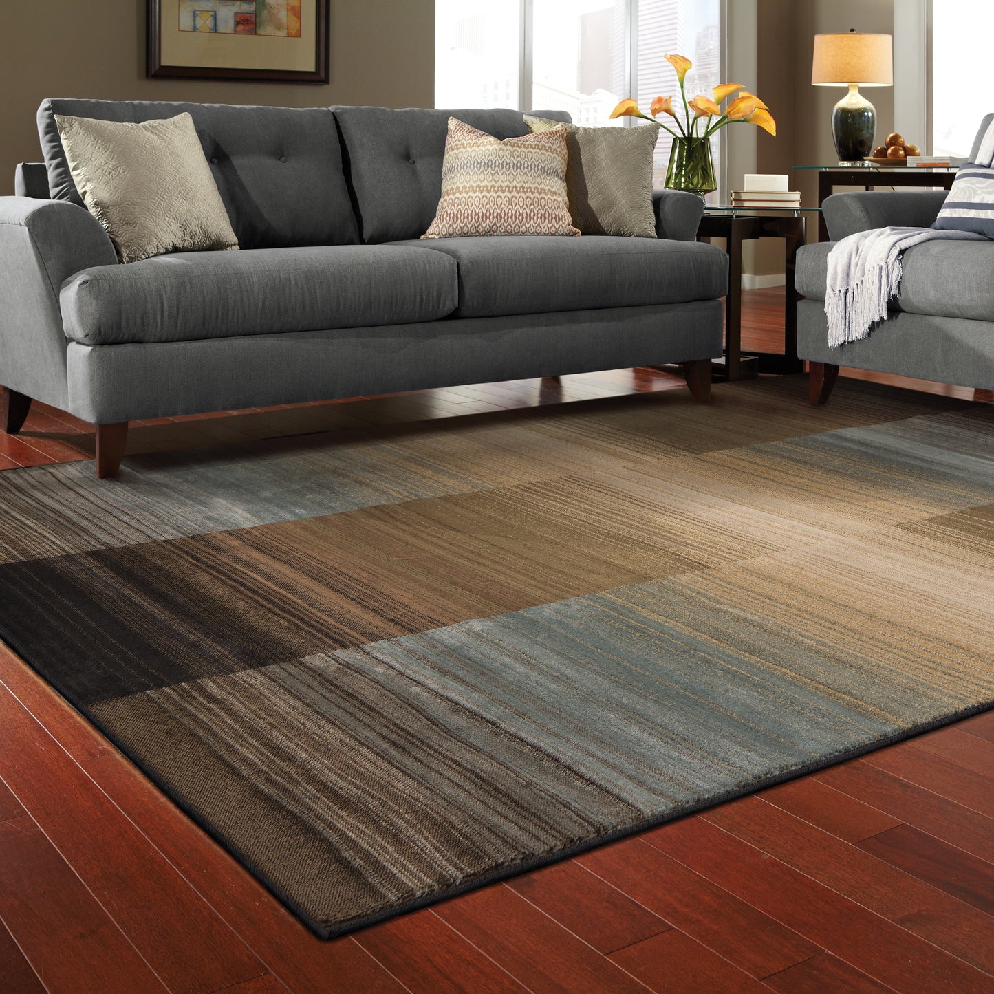 Huntington Brown Blue Modern & Contemporary Striped Indoor Rug